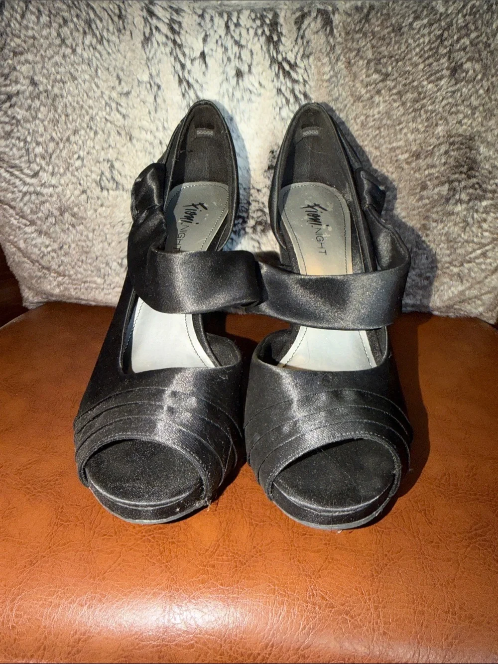 FIONI Clothing Black Satin Peep-Toe Heels with Knot Accent